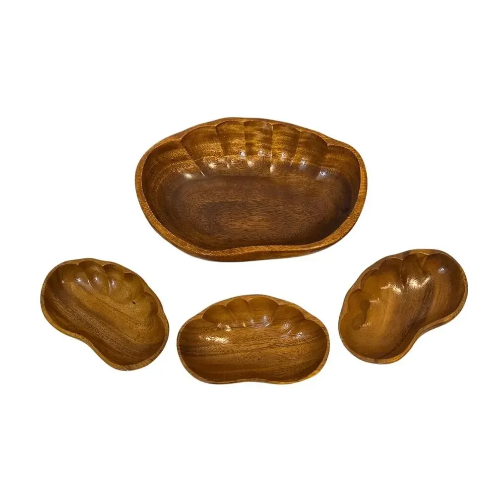 Vtg Handcrafted Monkey Pod Wood Bowl Clamshell Set MCM Tiki Bar Tropical Luau